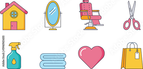 Barber shop and beauty salon icon set, hair dresser chair, mirror, scissors, spray bottle, folded towels, house, heart, and shopping bag.