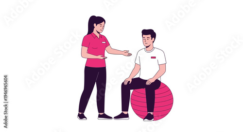 Physical Therapist Explains Exercises to Patient with Medicine Ball and Professional Guidance