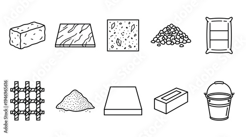 A collection of hand-drawn line art icons representing various construction materials including bricks, sand, gravel, cement bag, rebar, and a bucket.