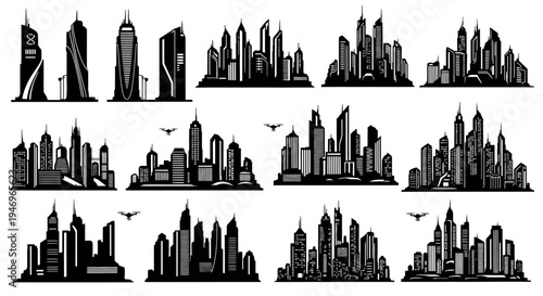 Modern City Skyline Silhouettes - Diverse Architectural Styles Collection
