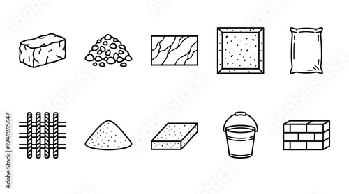 Collection of simple black line icons depicting various construction materials and tools, including bricks, sand, gravel, a bucket, and rebar.