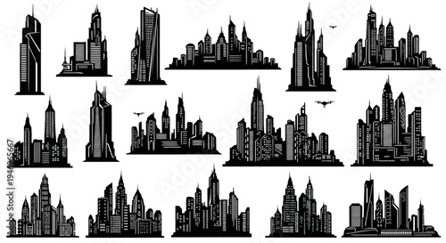 Modern City Skyline Silhouettes: Collection of Diverse Architectural Styles