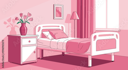 Pink Room With Bedside Table, Flowers, Lamp and Window, Monochromatic Illustration