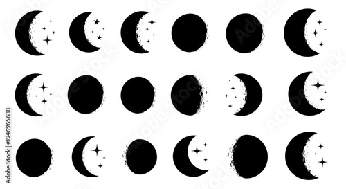 Moon Phases Celestial Cycle Icons Set, Crescent to Full Moon with Stars