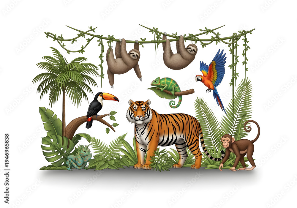 Obraz premium Vibrant illustration of diverse jungle wildlife including a tiger, monkeys, toucans, sloth, and parrot surrounded by tropical plants and palm trees.