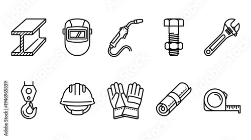 A clean line art illustration featuring ten essential construction and industrial tools arranged in two rows on a white background.