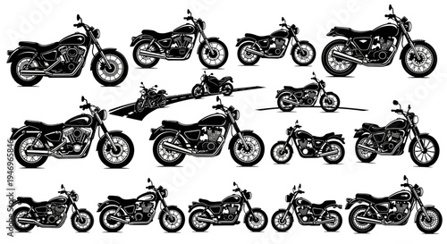 Motorcycle Collection: Diverse Styles of Bikes, Vector Graphics, Isolated on White
