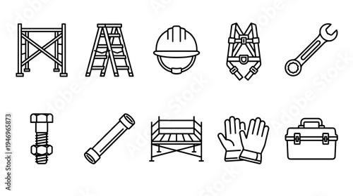 A clean, minimalist line art icon set depicts essential construction safety equipment and tools, including scaffolding, ladder, helmet, harness, wrench, bolt, pipe, gloves, and toolbox.