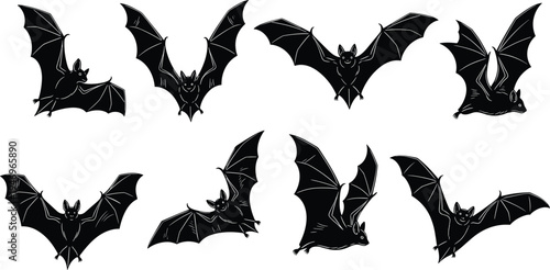 Bat silhouette set, flying bats vector illustration, spooky halloween animal elements, nocturnal creature icons isolated on white background, dark design.