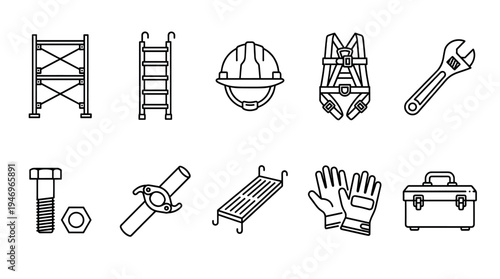 A collection of black and white line art icons representing various construction safety equipment and tools for industry use.