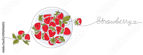 Continuous line drawing of fresh strawberries in a bowl with red color accents and handwritten text minimalist berry fruit illustration.