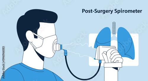 Post-Surgery Respiratory Assessment Depicted Using Spirometer Device and Patient Illustration