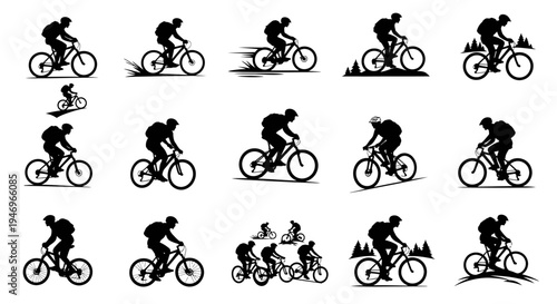 Mountain Biking Silhouette Collection: Diverse Actions and Landscapes