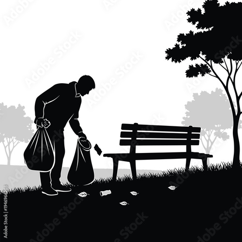 Silhouette of a person picking up trash in a park, illustrating environmental care and the importance of keeping public areas clean