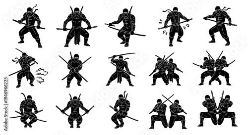 Ninja Warrior Poses Silhouette Set: Martial Arts Combat Action, Dynamic Movements, Japanese Fighter
