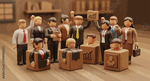 Diverse 3D claymation business team with male and female characters, some emerging from cardboard boxes, symbolizing growth, recruitment, and new ideas in a professional office setting