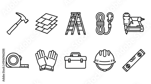 A clean line art icon set showcasing essential construction tools like a hammer, ladder, rope, nail gun, and measuring tape, perfect for design projects.