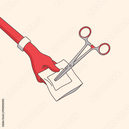 Precise Surgical Instrument Manipulated by a Red-Gloved Hand with Surgical Pad for Medical