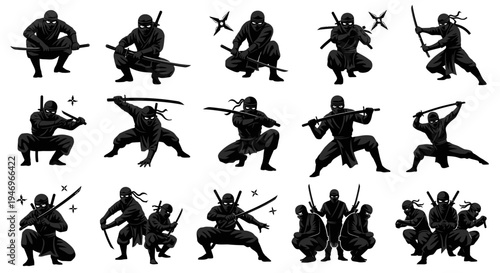 Ninja Warriors Poses Silhouette Collection, Martial Arts Action, Stealth Combat