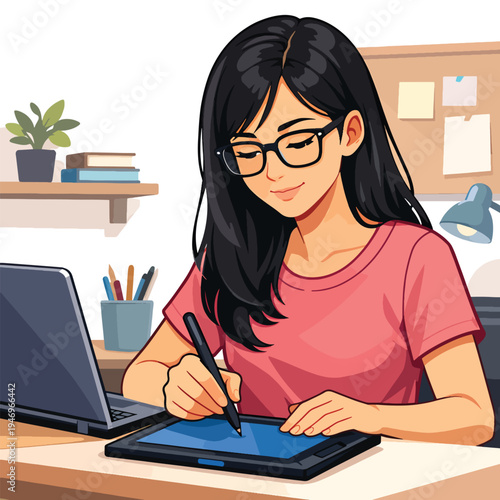 Creative woman at work desk, drawing with stylus on digital tablet