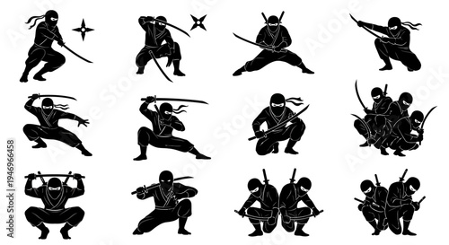 Ninja warriors silhouettes in action poses with swords, martial arts, combat, stealth