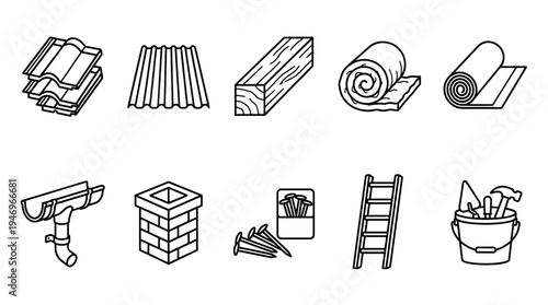 A collection of line art icons representing various roofing and construction materials and tools, including tiles, metal sheeting, wood, insulation, a gutter, chimney, nails, ladder, and a tool bucket
