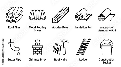 A collection of outline icons representing various construction and roofing materials and tools, perfect for design projects.