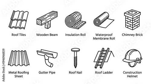 This graphic displays a clean, modern icon set featuring various roofing and construction elements, perfect for design projects related to building and home improvement.