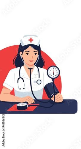 Professional Nurse Measuring Blood Pressure With Stethoscope And Sphygmomanometer During Checkup