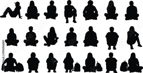 People sitting silhouette set, group of students with backpacks, men and women sitting cross-legged, casual human poses vector illustration isolated, white.