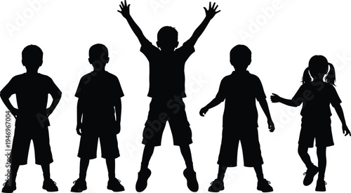 Children group silhouette set, happy kids jumping and standing, boys and girls playing together, youthful energy vector illustration isolated on white.