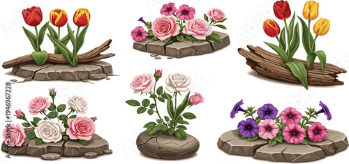 Colorful Flower Arrangement Icon Set Featuring Tulips, Roses, and Petunias in Stone and Wood Planters for Gardening and Floral Designs