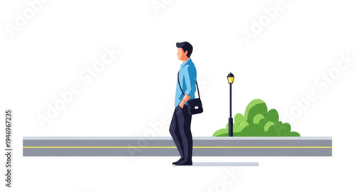 Man standing on city sidewalk.