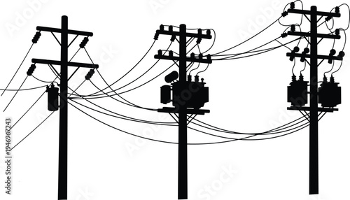 Black silhouette of electric utility poles with power line transformers and overhead cables isolated on white background for industrial energy concept