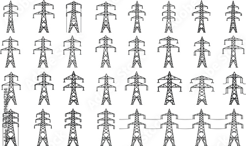 Big set of black silhouettes of electric transmission towers, high voltage pylons, and power line infrastructure isolated on white background