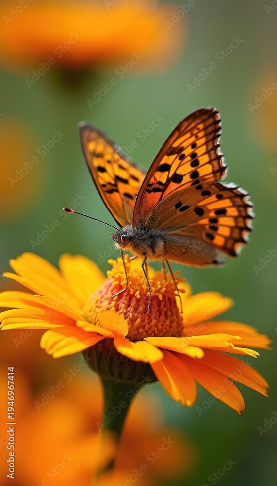 Obraz premium Small comma butterfly with orange patterned wings rests on yellow flower petals. Insect drinks nectar in garden. Closeup macro shot of nature wildlife in summer.