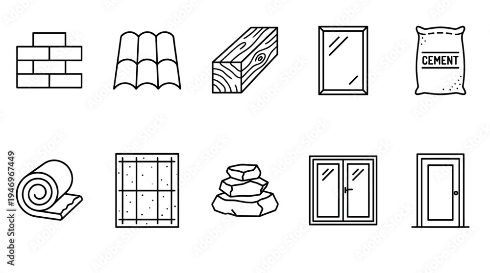 Fototapeta premium A collection of black line art icons representing various construction materials on a white background, ideal for design projects.