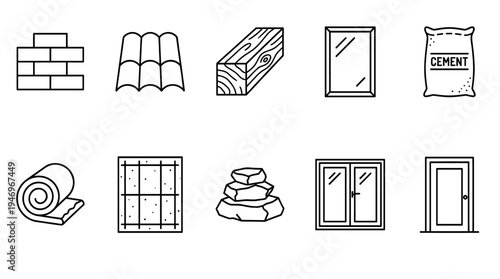 A collection of black line art icons representing various construction materials on a white background, ideal for design projects.