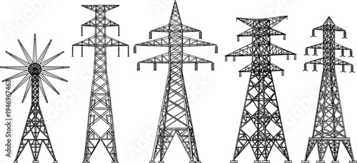 Black silhouette set of electric transmission towers and vintage wind turbine for power generation and energy distribution isolated on white background