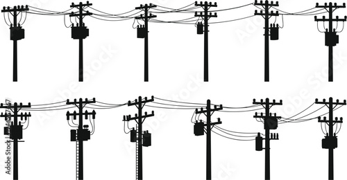 Set of black silhouettes of electric utility poles with power line transformers and overhead wires isolated on white background for industry