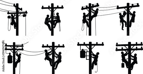 Black silhouette set of electrical linemen working on utility poles, repairing power lines and transformers isolated on white background for industry