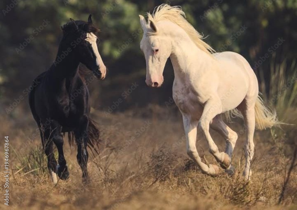 Obraz premium two horses running in the field
