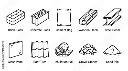 A clean, minimalist set of line art icons depicting various construction materials, ideal for design projects related to building and industry.