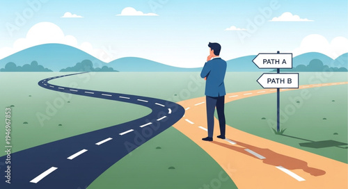 Man standing on forked road.