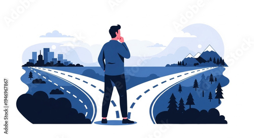 Man standing on forked road.