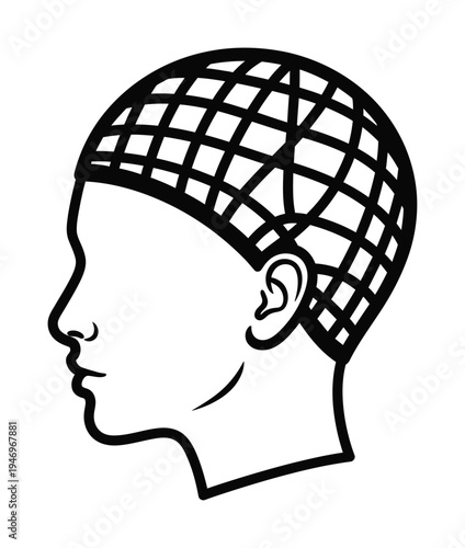 Vector of a side profile of a person wearing a netted head covering over hair