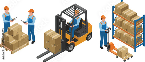 Warehouse logistics workers handling packages, forklift loading pallet boxes storage shelving inventory distribution center supply chain isometric vector illustration