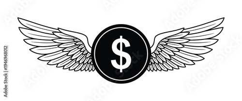 Vector of wings attached to a dollar sign symbolizing freedom and financial success
