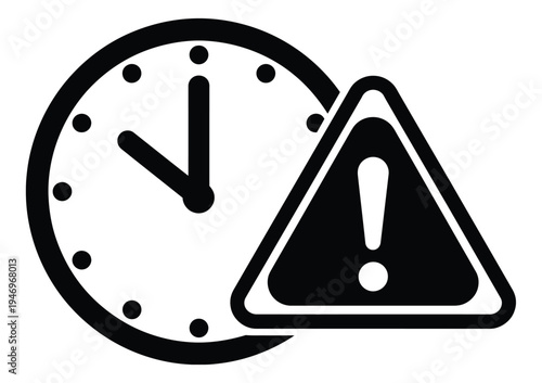 Time Alert Clock Icon with Exclamation Mark Warning Symbol Black Vector Illustration