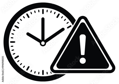 Clock Warning Icon with Exclamation Mark Time Alert Symbol Black Face Isolated on White